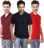 One-H Men's Polo Neck Short Sleeve Casual Tshirt Combo of Dark Blue, Red, Maroon colors (Pack of 3)