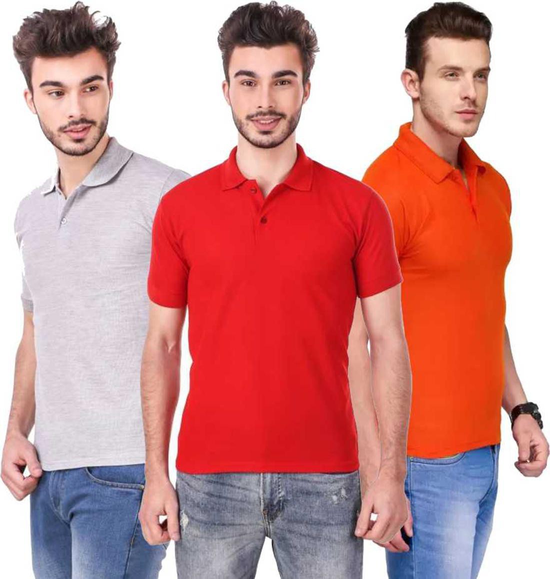 xl-tshirt-combo-3-grey-red-orange-mudshi-original-imafg4e7yb5ue65x.jpeg One-H Men's Polo Neck Half Sleeve Casual Tshirt Combo of Red, Orange, Grey colors (Pack of 3) - Image 1