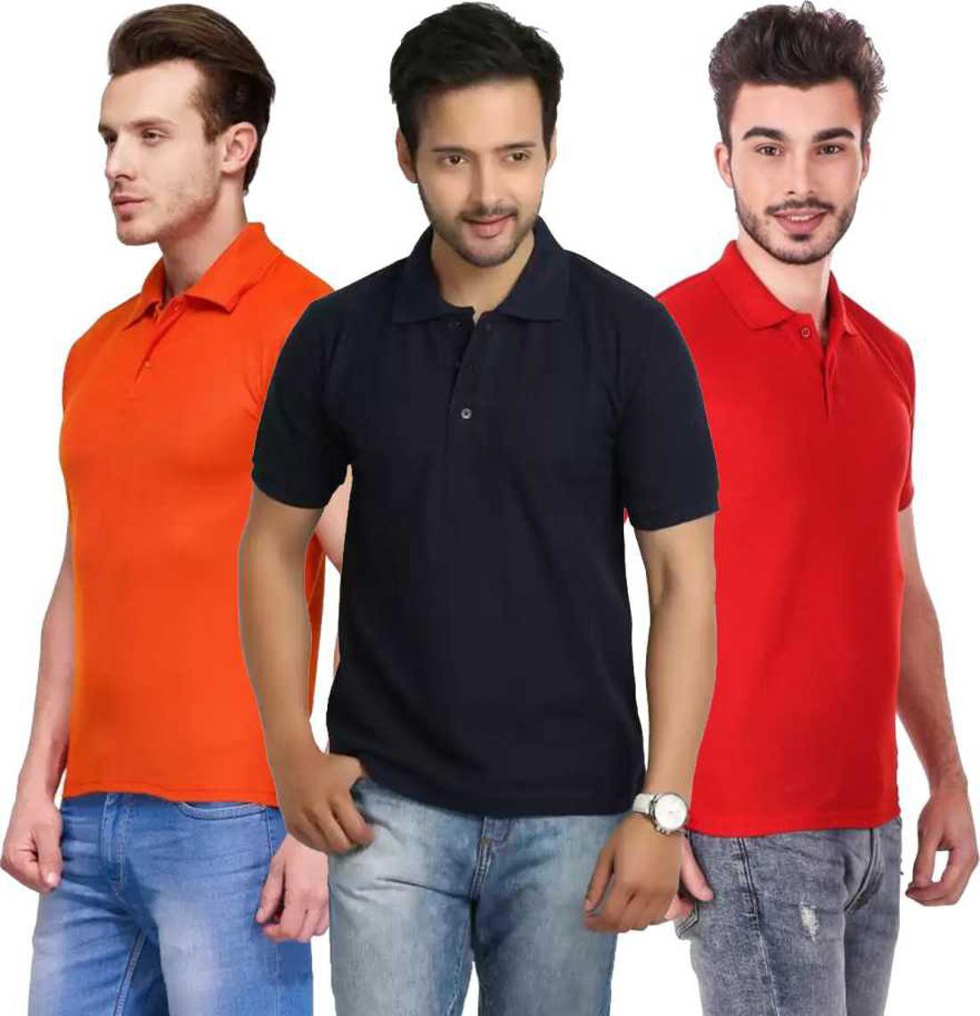 xl-tshirt-combo-3-orange-darkblue-red-phonicz-retails-original-imafg4c4kvf6fwxz.jpeg One-H Men's Polo Neck Short Sleeve Casual Tshirt Combo of Dark Blue, Red, Orange colors (Pack of 3) - Image 1