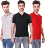 One-H Men's Polo Neck Short Sleeve Casual Tshirt Combo of Red, Black, Grey colors (Pack of 3)